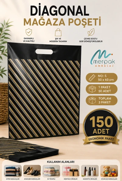 Çizgili Mağaza Poşeti (NO 5) 150 Adet 50x60 Cm Çizgili Takviyeli Poşet Diagonal Poşet ürün görseli 1