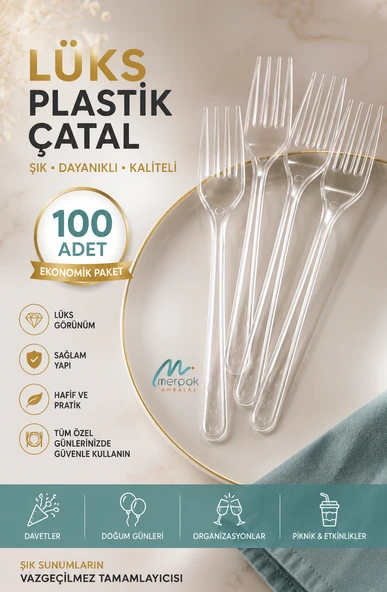 Lüks Plastik Çatal 100 Adet 1. Kalite Sert Kalın Şeffaf Çatal ürün görseli 1