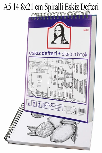 Telli Eskiz Defteri A5 Spiralli 50 Yaprak 1 Adet 120 gr 148x210 mm Karakalem Sketch Book Üstten Açılmalı Ezkiz Defteri ürün görseli 1