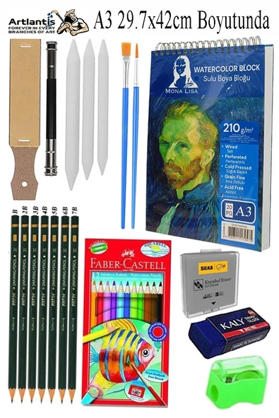 Telli Suluboya Bloğu Kağıdı A3 210gr 20 Yaprak İnce Dokulu Gölgelendirme Zımpara Aquarell Kuruboya Dereceli Kalem Uzatma ürün görseli 1