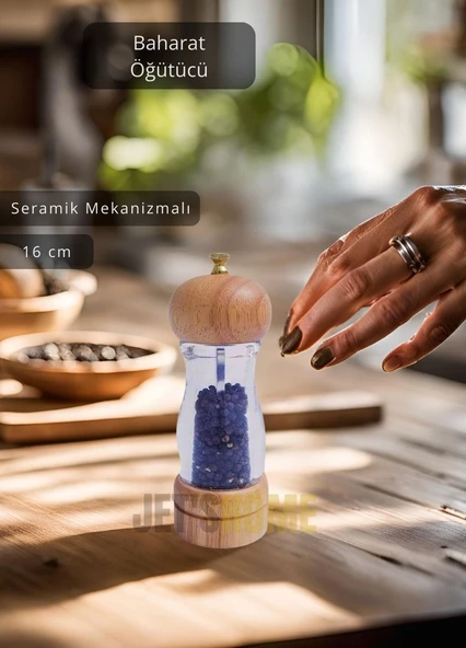 Baharat Öğütücü Kalınlık Ayarlı Karabiber Değirmeni Ahşap Tuz Değirmeni Seramik Bıçaklı 16 cm ürün görseli 1