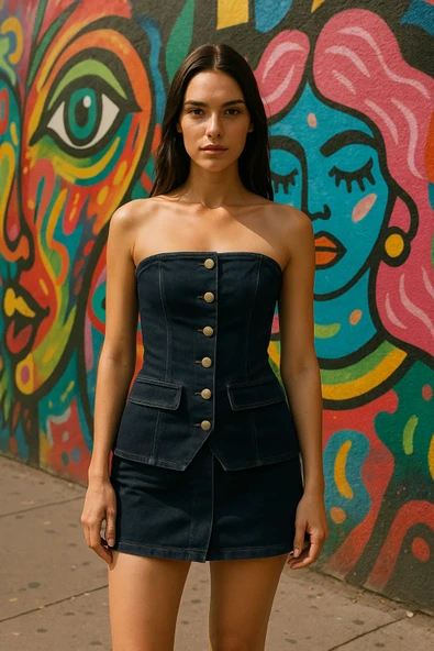 Blue White Kadın Denim Büstiyer - Resim 3