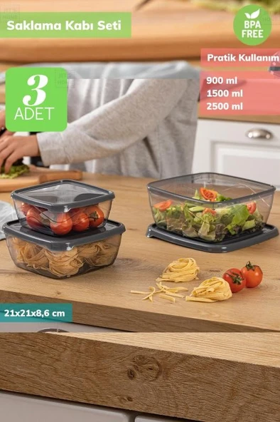 3’lü Kare Saklama Kabı Seti Erzak Kabı Buzdolabı Kabı Bpa Free ürün görseli 1
