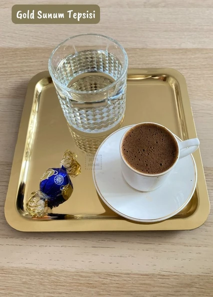Gold Sunum Tepsisi Paslanmaz Kahve Tepsisi Çelik Tepsi Kare Çeyizlik Tepsi ürün görseli 1