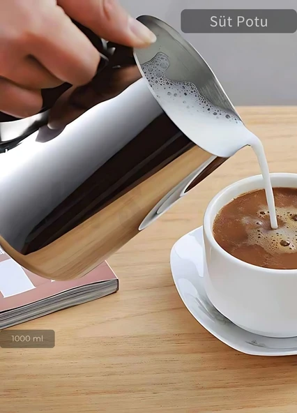 Süt Potu Paslanmaz Süt Köpürtme Sürahisi Çelik Pitcher 1000 ml ürün görseli 1