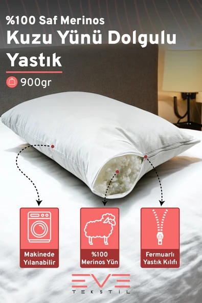 %100 Merinos Kuzu Yünlü Antialerjik Fermuarlı Doğal Yastık 50x70 Cm 900 Gr ürün görseli 1