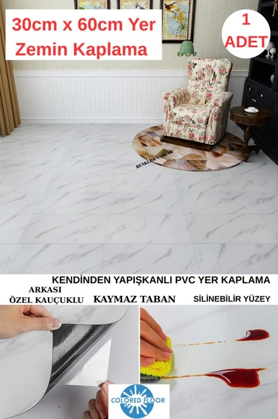 Renkli Duvarlar 30cm x 60cm 1 Adet Yapışkanlı Floor Pvc Panel Yer Zemin Kaplama Paneli Arkası Kauçuklu Banyo Mutfak ürün görseli 1