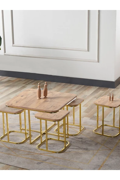 SEDAŞ LIVING UNITS PELİKAN 4+1 AÇIK CEVİZ (SUNTALAM) GOLD METAL AYAK TAKIM SEHPA ürün görseli 1