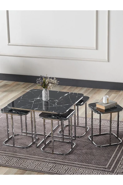 SEDAŞ LIVING UNITS PELİKAN 4+1 SİYAH MERMER TEMPERLİ CAM GÜMÜŞ METAL AYAK TAKIM SEHPA sedaş_lıvıng_unıts_sehpa ürün görseli 1