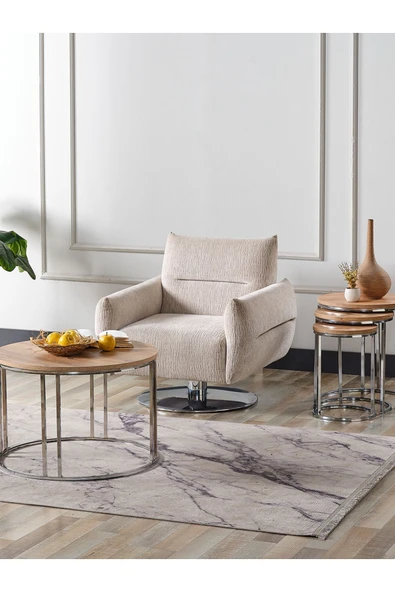 SEDAŞ LIVING UNITS 4 Lü Açık Ceviz  Suntalam Gümüş Metal Ayaklı Cam C Model Sehpa Takımı (ZİGON VE ORTA) ürün görseli 1