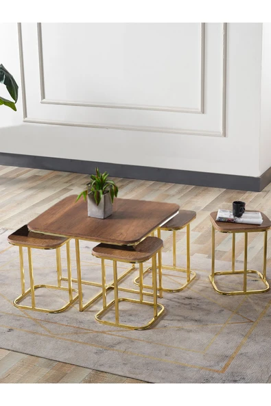 SEDAŞ LIVING UNITS PELİKAN 4+1 KOYU CEVİZ (SUNTALAM) GOLD METAL AYAK TAKIM SEHPA ürün görseli 1
