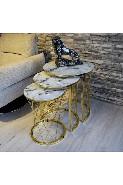 SEDAŞ LIVING UNITS Hasır Telli Beyaz Mermer Temperli Kirilmaz Cam Gold Metal Ayak Zigon Sehpa ürün görseli 1