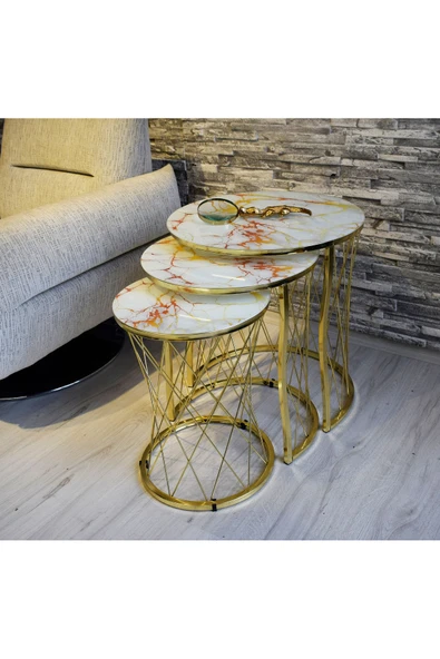 SEDAŞ LIVING UNITS Hasir Telli? Sari Mermer Temperli? Kirilmaz Cam Gold Metal Ayak Zi?gon Sehpa ürün görseli 1
