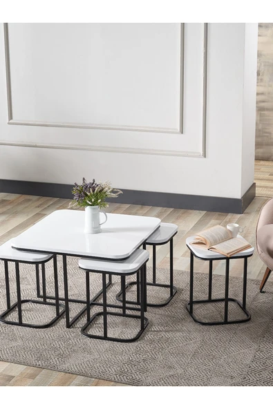 SEDAŞ LIVING UNITS 4+1 Beyaz Ahşap Siyah Metal Ayak Takım Sehpa Lvıng Unıts Sehpa ürün görseli 1