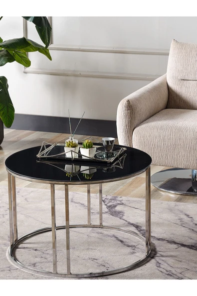 SEDAŞ LIVING UNITS Salon Orta Temperli SİYAH AYNALI (Kırılmaz) Cam (GÜMÜŞ) Metal Ayak Orta Sehpa ürün görseli 1