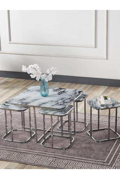 SEDAŞ LIVING UNITS PELİKAN 4+1 BEYAZ MERMER TEMPERLİ CAM GÜMÜŞ METAL AYAK TAKIM SEHPA ürün görseli 1