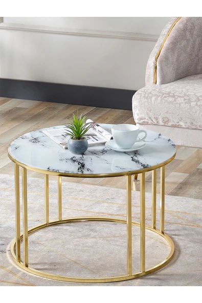 SEDAŞ LIVING UNITS Salon Orta Sehpa BEYAZ MERMER Temperli (Kırılmaz) Cam (GOLD) Metal Ayak Orta Sehpa ürün görseli 1