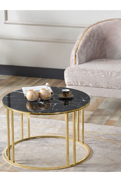 SEDAŞ LIVING UNITS Salon Orta SİYAH MERMER Temperli (Kırılmaz) Cam (GOLD) Metal Ayak Orta Sehpa ürün görseli 1