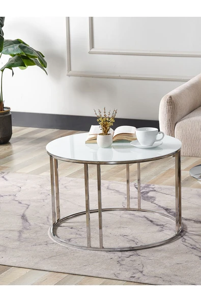 SEDAŞ LIVING UNITS Salon Orta Temperli BEYAZ (Kırılmaz) Cam (GÜMÜŞ) Metal Ayak Orta Sehpa ürün görseli 1