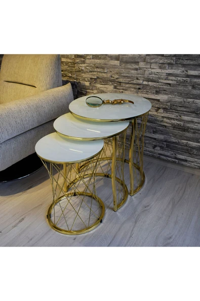 SEDAŞ LIVING UNITS Hasır Telli Beyaz Temperli Cam Gold Metal Ayak Zigon Sehpa ürün görseli 1