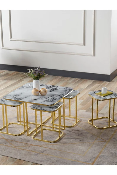 SEDAŞ LIVING UNITS PELİKAN 4+1 BEYAZ MERMER TEMPERLİ CAM GOLD METAL AYAK TAKIM SEHPA ürün görseli 1