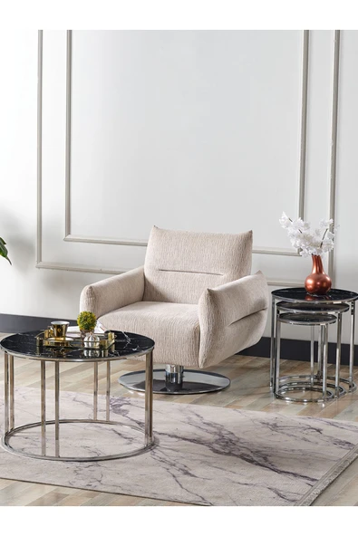 SEDAŞ LIVING UNITS 4 Lü Siyah Mermer Temperli Kırılmaz Cam Gümüş Metal Ayaklı Cam C Model Sehpa Takımı (ZİGON VE ORTA) ürün görseli 1