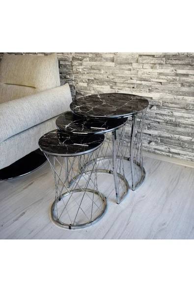 SEDAŞ LIVING UNITS 3 lü Hasır Model Siyah Mermer (Temperli Cam) Gümüş Ayak Zigon Sehpa ürün görseli 1