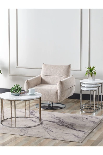SEDAŞ LIVING UNITS 4 Lü Beyaz Suntalam Gümüş Metal Ayaklı Cam C Model Sehpa Takımı (ZİGON VE ORTA) ürün görseli 1