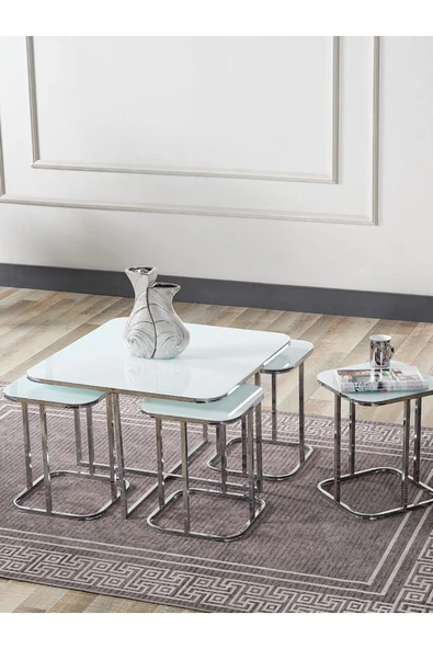SEDAŞ LIVING UNITS PELİKAN 4+1 BEYAZ TEMPERLİ CAM GÜMÜŞ METAL AYAK TAKIM SEHPA sedaş_lıvıng_unıts_sehpa ürün görseli 1