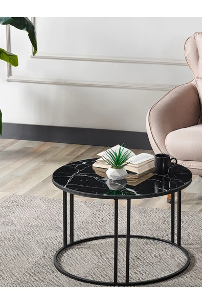 SEDAŞ LIVING UNITS Salon Orta Sehpa Siyah Mermer Desenli Temperli Cam (SİYAH) Metal Ayak Orta Sehpa ürün görseli 1