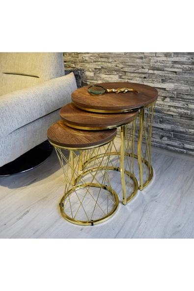 SEDAŞ LIVING UNITS Hasır Telli Koyu Ceviz Gold Metal Ayak Zigon Sehpa ürün görseli 1