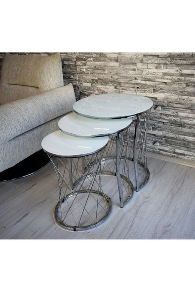 SEDAŞ LIVING UNITS 3 lü Hasır Model Beyaz (Temperli Cam) Gümüş Ayak Zigon Sehpa ürün görseli 1
