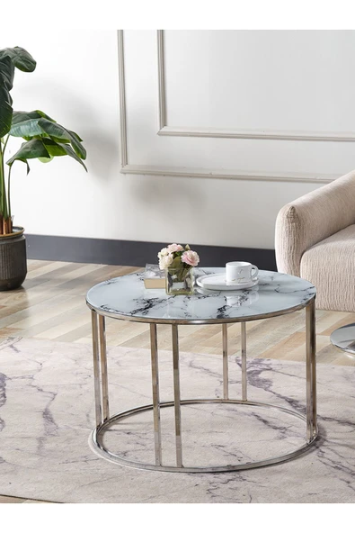 SEDAŞ LIVING UNITS Salon Orta Temperli BEYAZ MERMER (Kırılmaz) Cam (GÜMÜŞ) Metal Ayak Orta Sehpa ürün görseli 1
