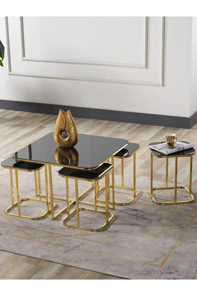 SEDAŞ LIVING UNITS PELİKAN 4+1 SİYAH AYNALI TEMPERLİ CAM GOLD METAL AYAK TAKIM SEHPA sedaş_lıvıng_unıts_sehpa ürün görseli 1