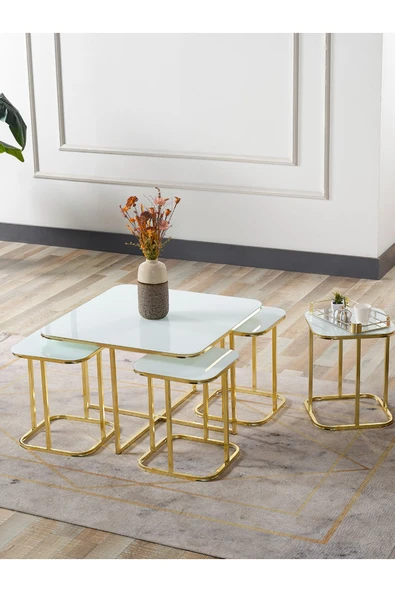 SEDAŞ LIVING UNITS PELİKAN 4+1 BEYAZ TEMPERLİ CAM GOLD METAL AYAK TAKIM SEHPA ürün görseli 1