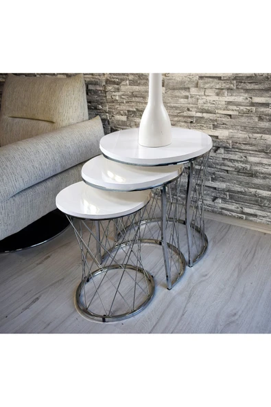 SEDAŞ LIVING UNITS 3 LÜ Hasır Telli Beyaz Suntalam Gümüş Metal Ayak Zigon Sehpa Sehpa-takimi-zigon-sehba ürün görseli 1