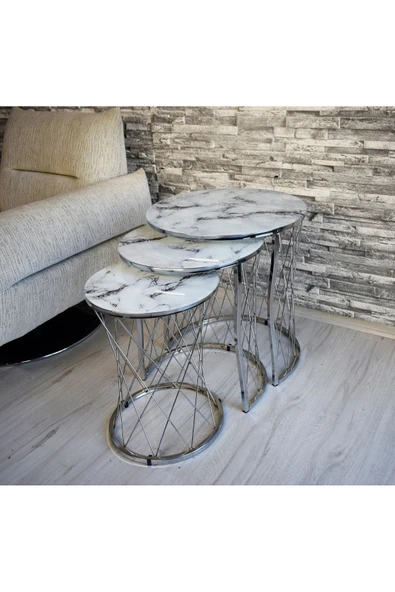 SEDAŞ LIVING UNITS 3 lü Hasır Model Beyaz Mermer (Temperli Cam) Gümüş Ayak Zigon Sehpa ürün görseli 1