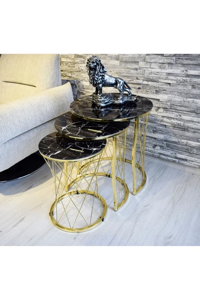 SEDAŞ LIVING UNITS Hasır Telli Siyah Mermer Temperli Kirilmaz Cam Gold Metal Ayak Zigon Sehpa ürün görseli 1