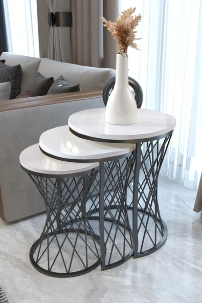 SEDAŞ LIVING UNITS 3 LÜ Hasır Telli Beyaz Suntalam Metal Ayak Zigon Sehpa Sehpa-takimi-zigon-sehba ürün görseli 1