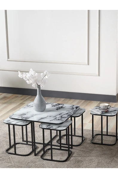 SEDAŞ LIVING UNITS PELİKAN 4+1 BEYAZ MERMER TEMPERLİ CAM SİYAH METAL AYAK TAKIM SEHPA sedaş_lıvıng_unıts_sehpa ürün görseli 1