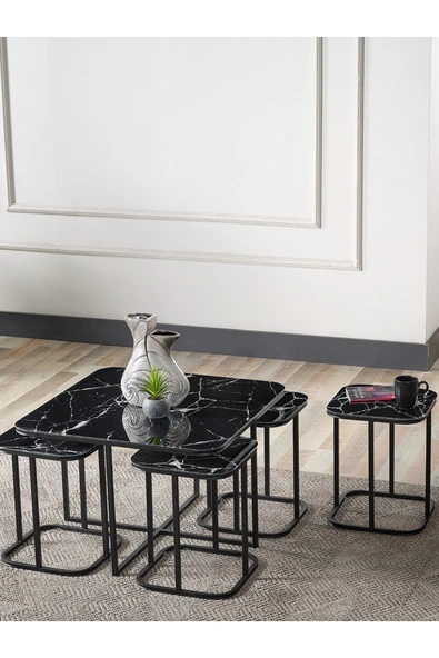 SEDAŞ LIVING UNITS PELİKAN 4+1 SİYAH MERMER TEMPERLİ CAM SİYAH METAL AYAK TAKIM SEHPA ürün görseli 1
