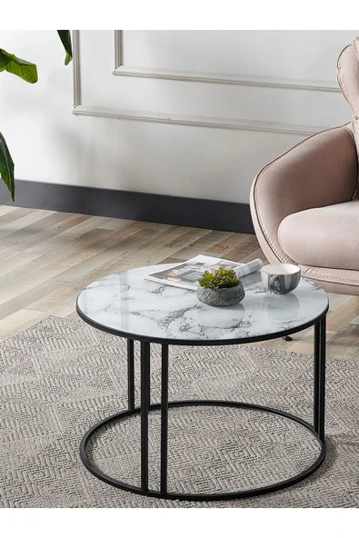 SEDAŞ LIVING UNITS Salon Orta Sehpa Beyaz Mermer Desenli Temperli Cam (SİYAH) Metal Ayak Orta Sehpa ürün görseli 1