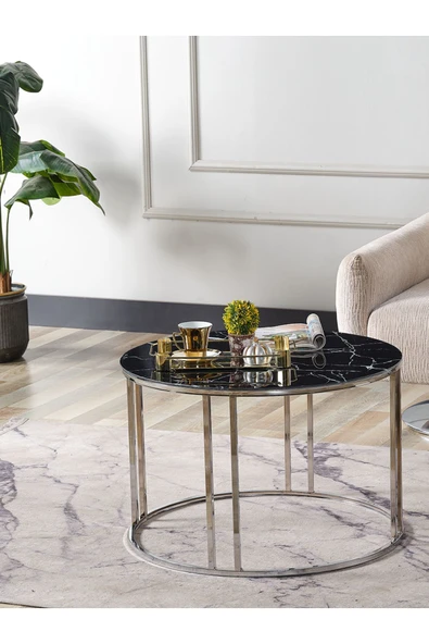 SEDAŞ LIVING UNITS Salon Orta SİYAH MERMER Temperli (Kırılmaz) Cam (GÜMÜŞ) Metal Ayak Orta Sehpa ürün görseli 1