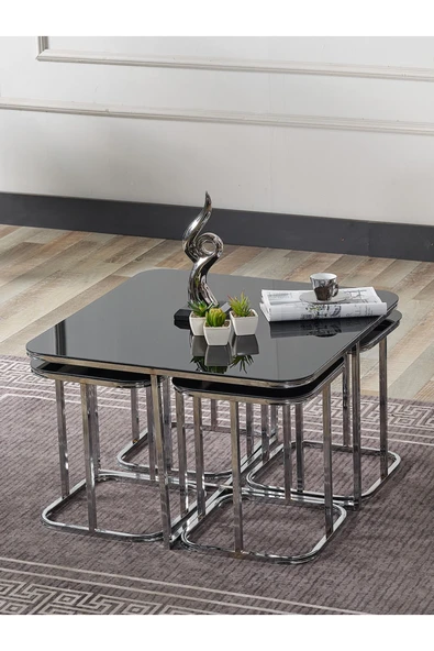 SEDAŞ LIVING UNITS PELİKAN 4+1 SİYAH AYNALI TEMPERLİ CAM GÜMÜŞ METAL AYAK TAKIM SEHPA sedaş_lıvıng_unıts_sehpa ürün görseli 1