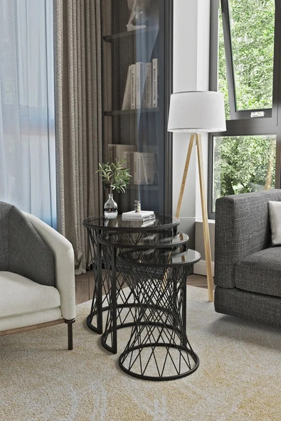 SEDAŞ LIVING UNITS 3 LÜ SİYAH KENARLI FÜME KIRILMAZ TEMPERLİ CAM AYAK HASIR ZİGON SEHPA ürün görseli 1