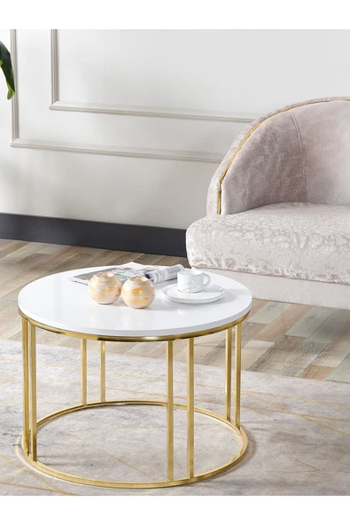 SEDAŞ LIVING UNITS Salon Orta Sehpa 70 CM  BEYAZ Suntalam (Gold) Metal Ayak Orta Sehpa ürün görseli 1