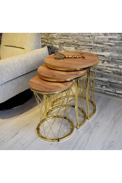 SEDAŞ LIVING UNITS Hasır Telli Açık Ceviz Suntalam Gold Ayak Zigon Sehpa ürün görseli 1