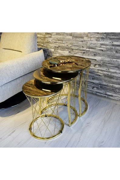 SEDAŞ LIVING UNITS Hasır Telli Bronz Ayna Gold Metal Ayak Zigon Sehpa ürün görseli 1