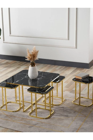 SEDAŞ LIVING UNITS PELİKAN 4+1 SİYAH MERMER TEMPERLİ CAM GOLD METAL AYAK TAKIM SEHPA sedaş_lıvıng_unıts_sehpa ürün görseli 1