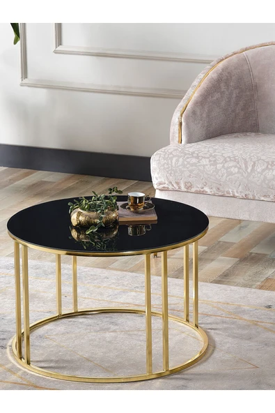 SEDAŞ LIVING UNITS Salon Orta Temperli SİYAH AYNALI (Kırılmaz) Cam (GOLD) Metal Ayak Orta Sehpa ürün görseli 1